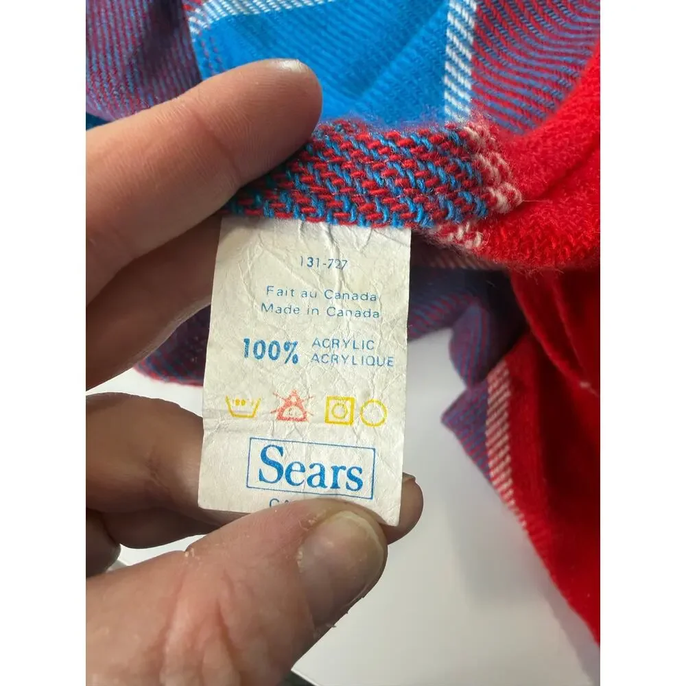 Sears Checkerboard Bedspread Blanket   Blue Red Vintage 80's 74